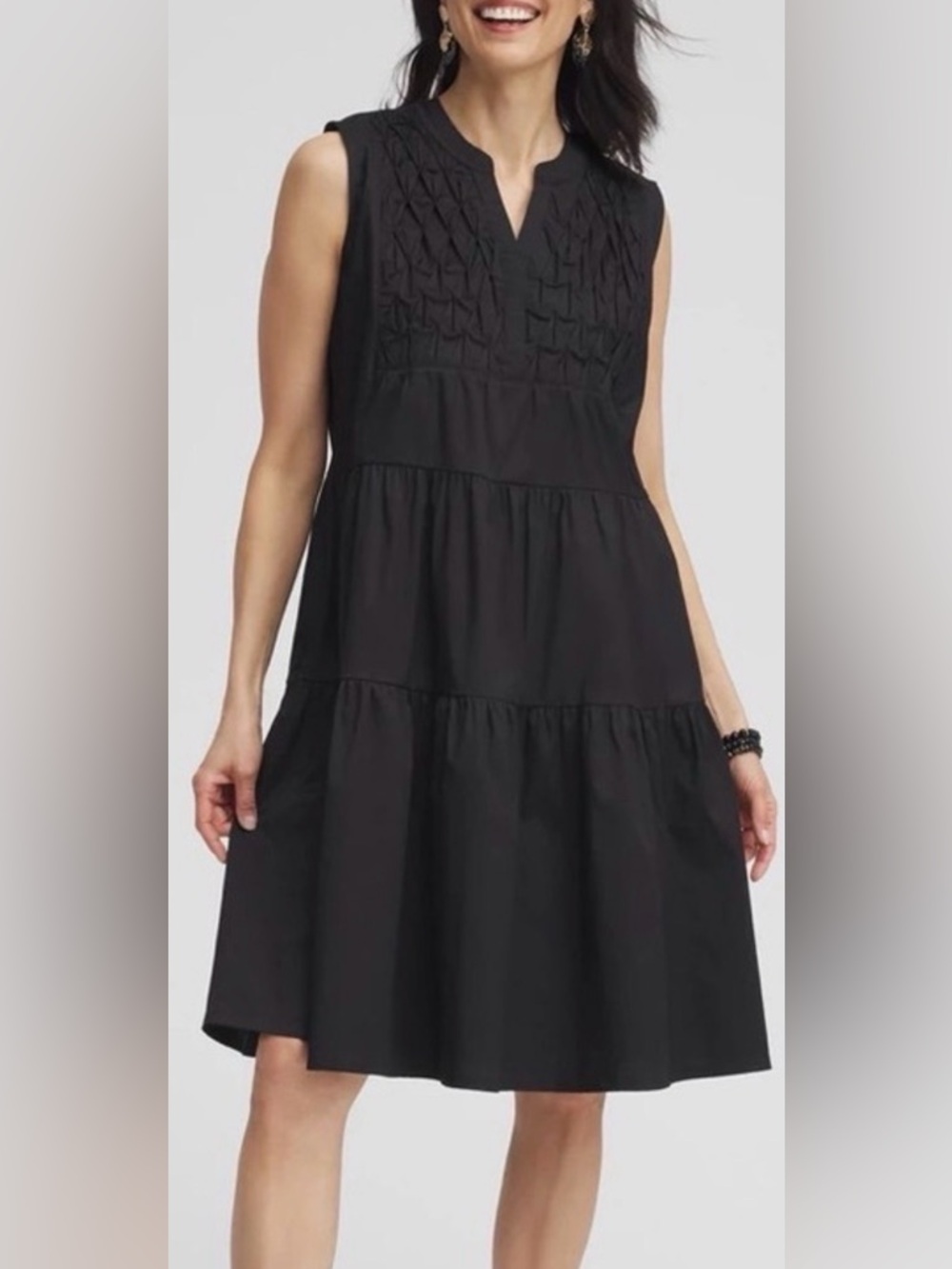 Chico’s Smock Bib Tiered Midi Dress Black Sleeveless Size 8